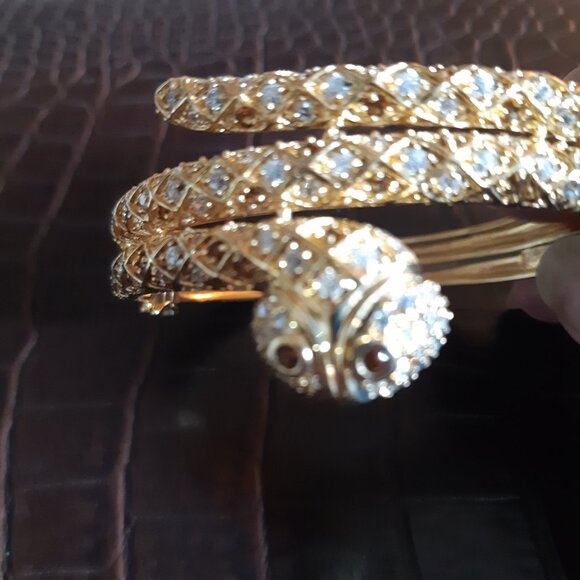 1990s Cuff Bracelet Vintage Snake Rhinestone Marked 925 - Picture 7 of 15